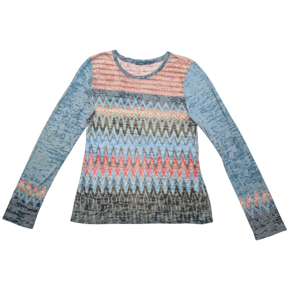 Vintage Prana Long Sleeve Top Women M Blue Multi Chevron Geometric Burnout Knit